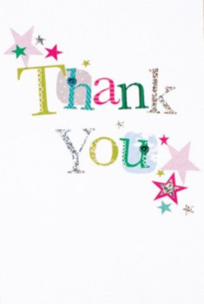 Set against the crisp expanse of a white card, the phrase 'Thank You' unfurls in a medley of lively styles, each letter painted and embellished with playful precision. Their colors-ranging from neon lime to deep fuchsia and tranquil blue-sparkle softly, some with a sheen of silver, others with tiny polka dots or delicate stitched touches, reminiscent of handcrafted treasures sourced from independent shops along Lower Marsh. Clusters of small, exuberant stars gather near the words, rendered in stripes of pink, dashes of turquoise, and subtle glints of metallic silver, lending a celebratory flourish akin to the fireworks seen over the Thames. The mood is airy and modern, brimming with cheerful sincerity-a design that never overwhelms, but rather lifts the heart with gentle optimism. This card, with its artful arrangement and textured details, feels as personal as a thoughtful gesture from a Waterloo neighbor, and as versatile as the occasions it's meant for, whether accompanying a bouquet for a teacher's thank you or marking a friend's milestone with flowers from Florist Waterloo. Its understated sophistication ensures it pairs beautifully with fresh blooms, radiating gratitude as warmly as a sunlit afternoon stroll through Waterloo's leafy parks.