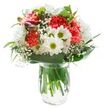 This expertly arranged bouquet seems to capture the gentle optimism and easy elegance of Waterloo on a bright spring morning. At its heart, plush coral carnations gather together, their wavy, ruffled petals carrying both personality and subtle grace. Encircling the carnations, clear white chrysanthemums and open daisies, each with vibrant green centres, unfold like welcoming gestures along leafy streets near The Old Vic or on Waterloo's historic lanes. Sprigs of baby's breath, fine as mist, weave through the composition, tempering the bold blossoms and providing a soft, cloud-like contour. From the left, closed magenta alstroemeria buds evoke the promise of upcoming events in the ever-active local neighbourhood, hinting at transformation and continuity. The bouquet is embraced by lush green leaves-some broad and glossy, others slender-all arranged to cradle the flowers and heighten their freshness. Submerged stems, clearly visible through the water in a polished glass vase, lend the overall design a sense of clarity and newness, mirroring Waterloo's atmosphere after a gentle rain. Set against a white background bathed in even, natural light, the floral colours and textures sing, untouched by shadow or distraction. Whether sent as a birthday surprise, a symbol of encouragement, or an uplifting gesture to brighten a South Bank apartment, this arrangement offers a fragrant burst of cheer, crafted for and inspired by the local Waterloo community.